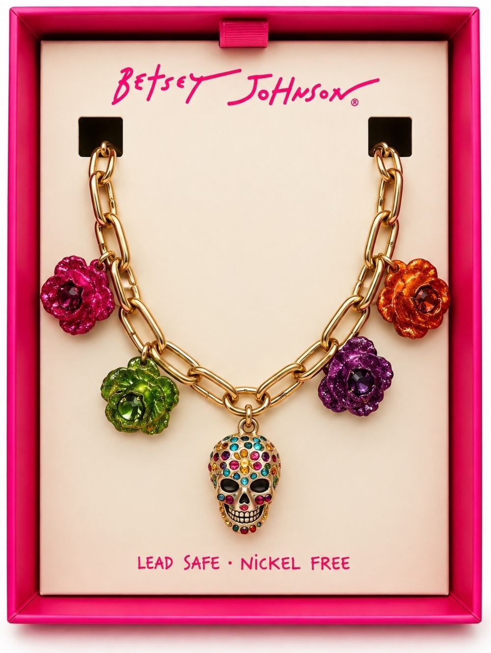 Betsey Johnson Multi-Color Skull and Flower Charm Necklace - New With Tags